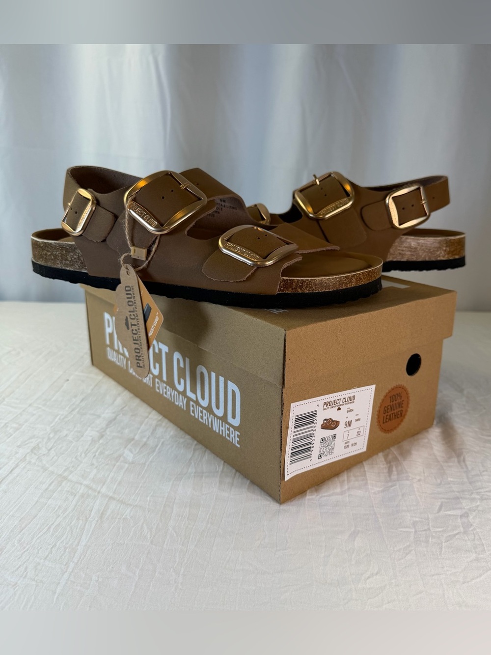 Project Cloud Garda Women’s sz9 Brown Leather Buckle Sandals with Back Strap